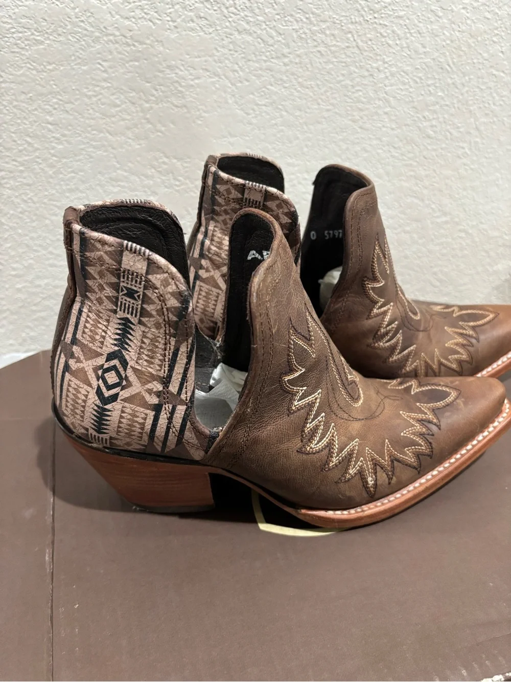 Ariat Brown Western Heeled Ankle Boots with Aztec Print - Picture 3 of 5